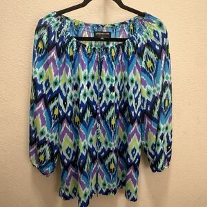 Jones New York Ikat Boho Peasant Blouse Blue Purple XL